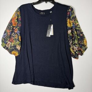 Tahari Women's Navy And Floral Blouse Puff Sleeve 2X NWT